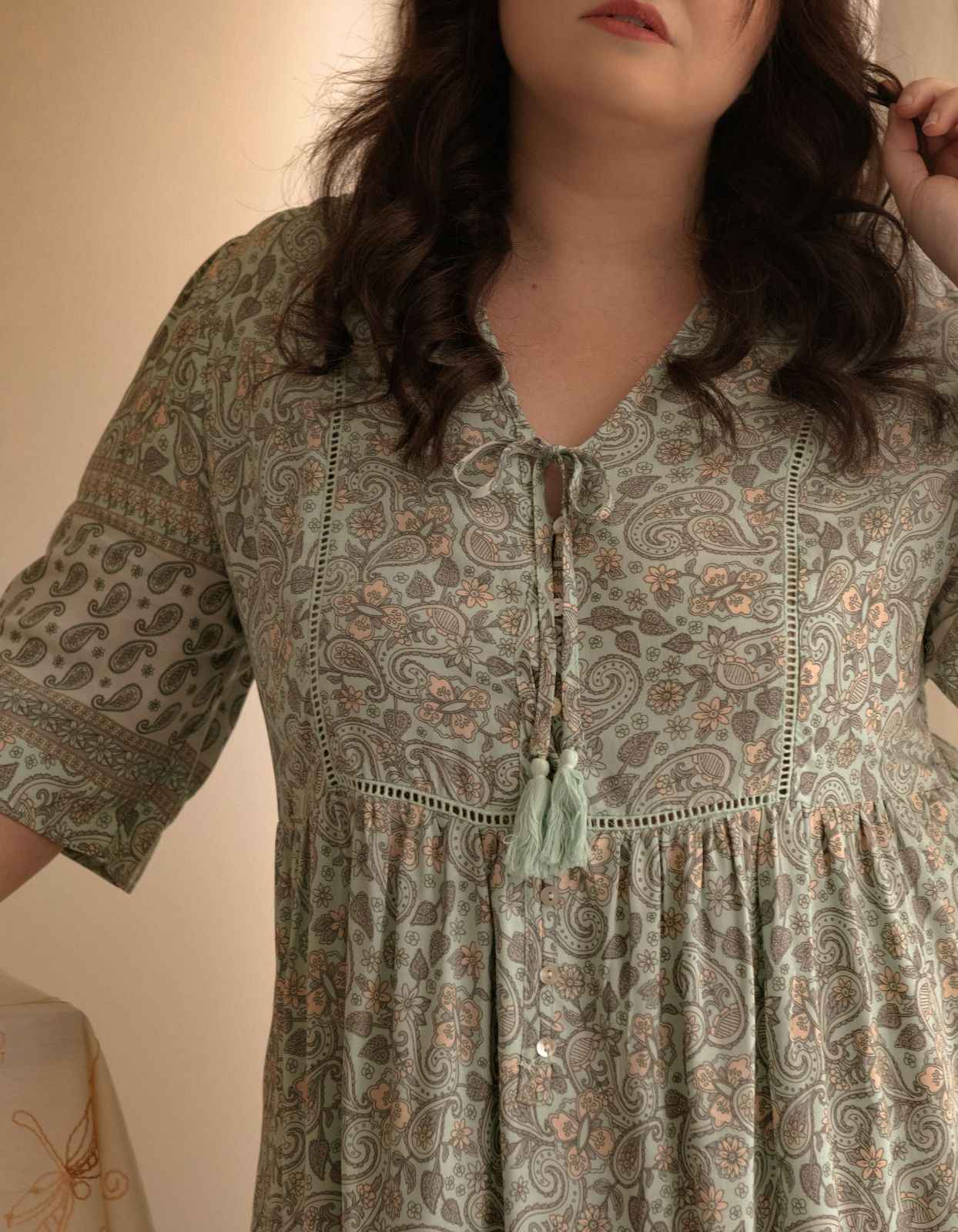Nelly Dress A-line Bohemian Print Tassels Green