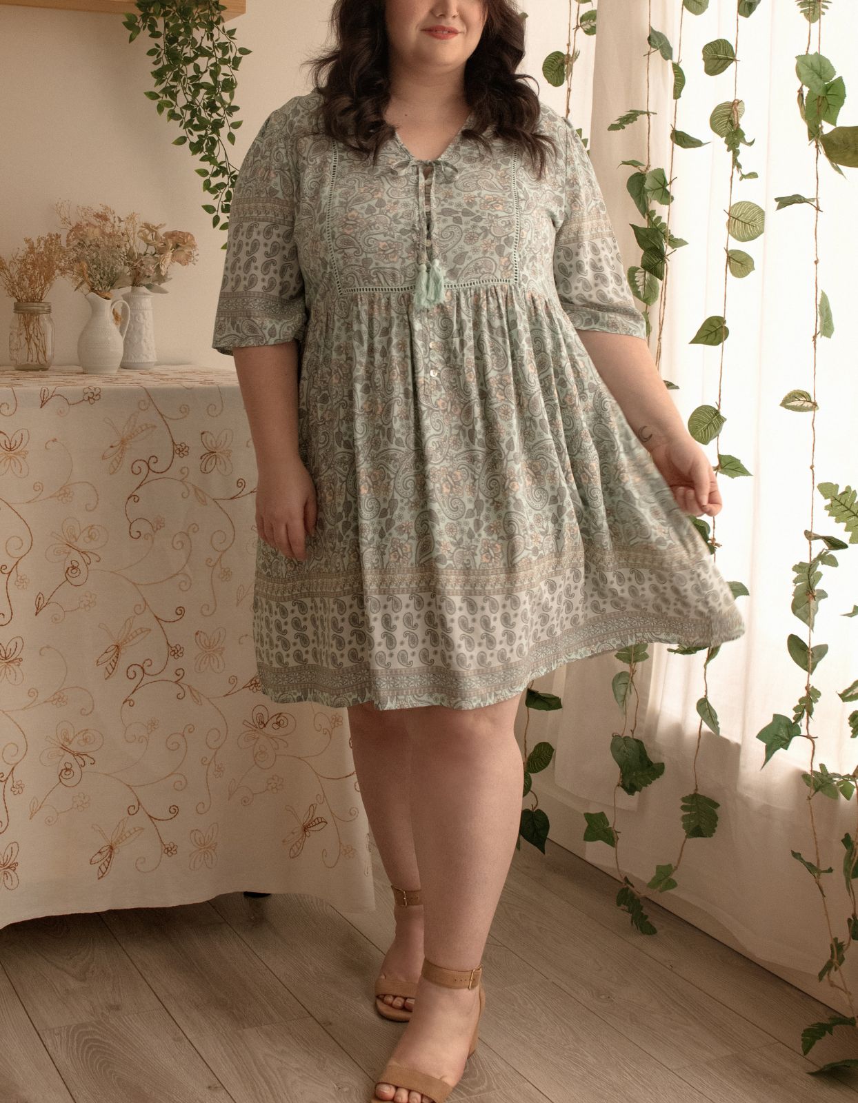 Nelly Dress A-line Bohemian Print Tassels Green