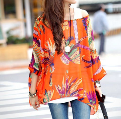 Womens Loose Fit Tropical Print Chiffon Tunic Top