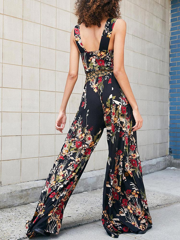 Summer Sexy Bohemian Playsuits Womens Floral Print Wide Leg Overalls