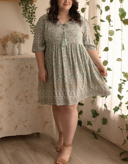 Nelly Dress A-line Bohemian Print Tassels Green