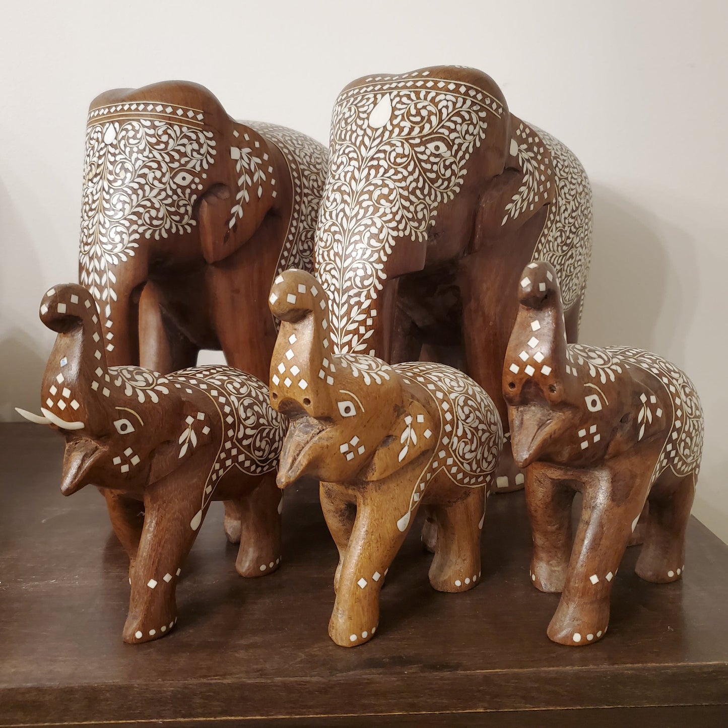 Hand Carved Wooden Indian Elephant Statue with Resin Inlay Decoration