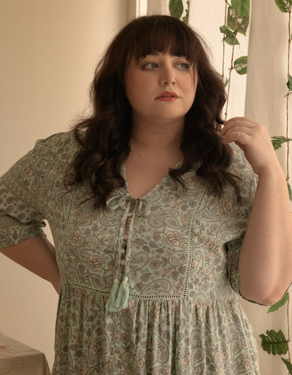 Nelly Dress A-line Bohemian Print Tassels Green
