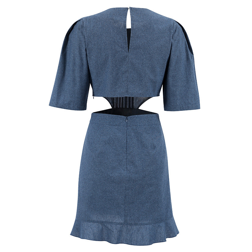 2023 Woman Chic Elegant Waist Cut Out Mini Denim Dress Vintage Casual