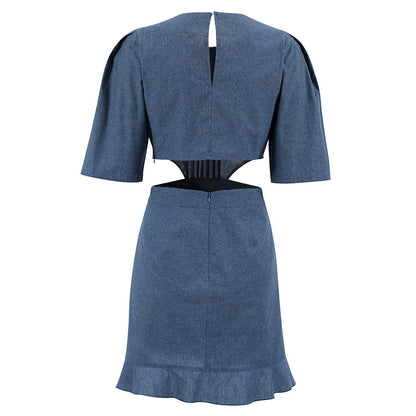 2023 Woman Chic Elegant Waist Cut Out Mini Denim Dress Vintage Casual