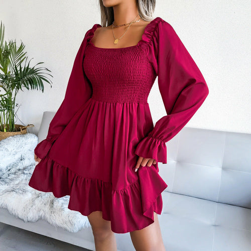 Square Collar Flared Long Sleeve Ruffled Swing Dress