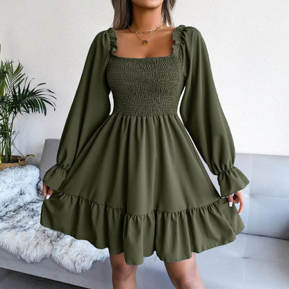 Square Collar Flared Long Sleeve Ruffled Swing Dress