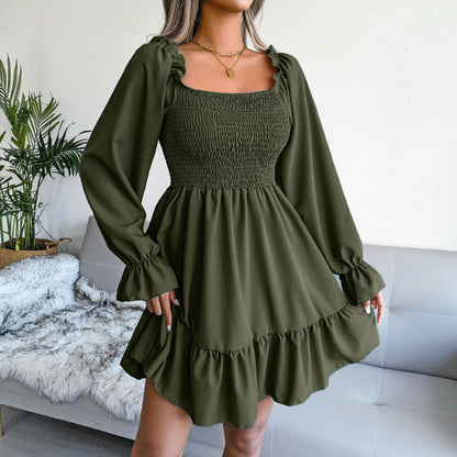 Square Collar Flared Long Sleeve Ruffled Swing Dress