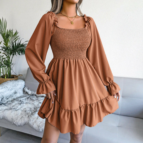 Square Collar Flared Long Sleeve Ruffled Swing Dress