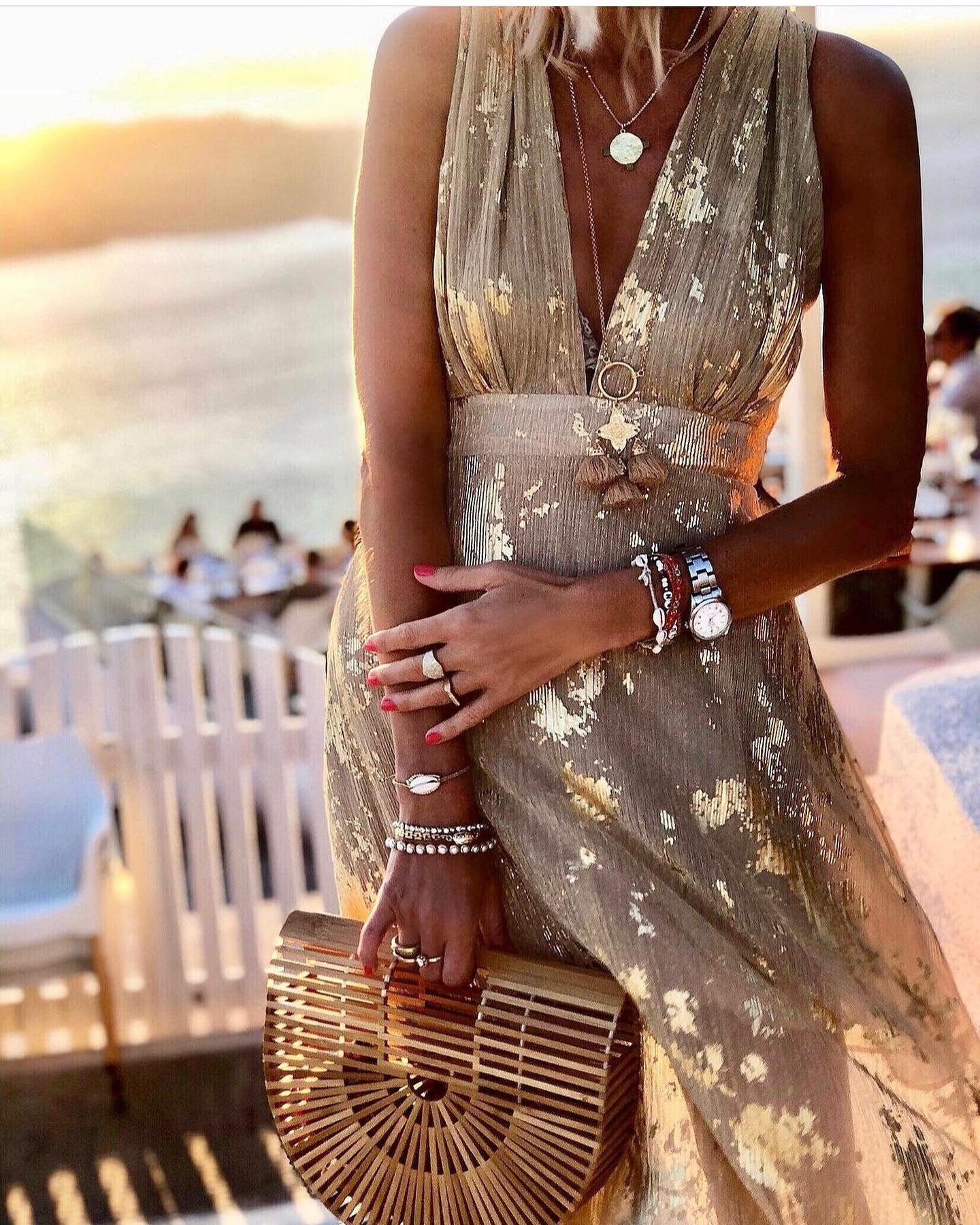 Sexy V-neck Gold Foil Dress with A-line Swing Dress