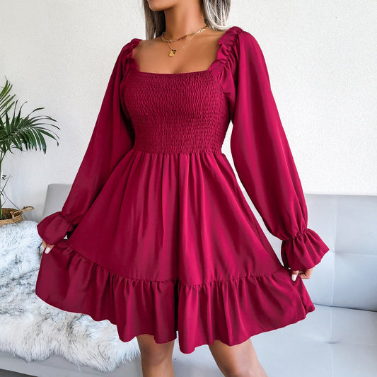 Square Collar Flared Long Sleeve Ruffled Swing Dress