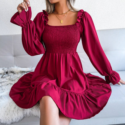 Square Collar Flared Long Sleeve Ruffled Swing Dress