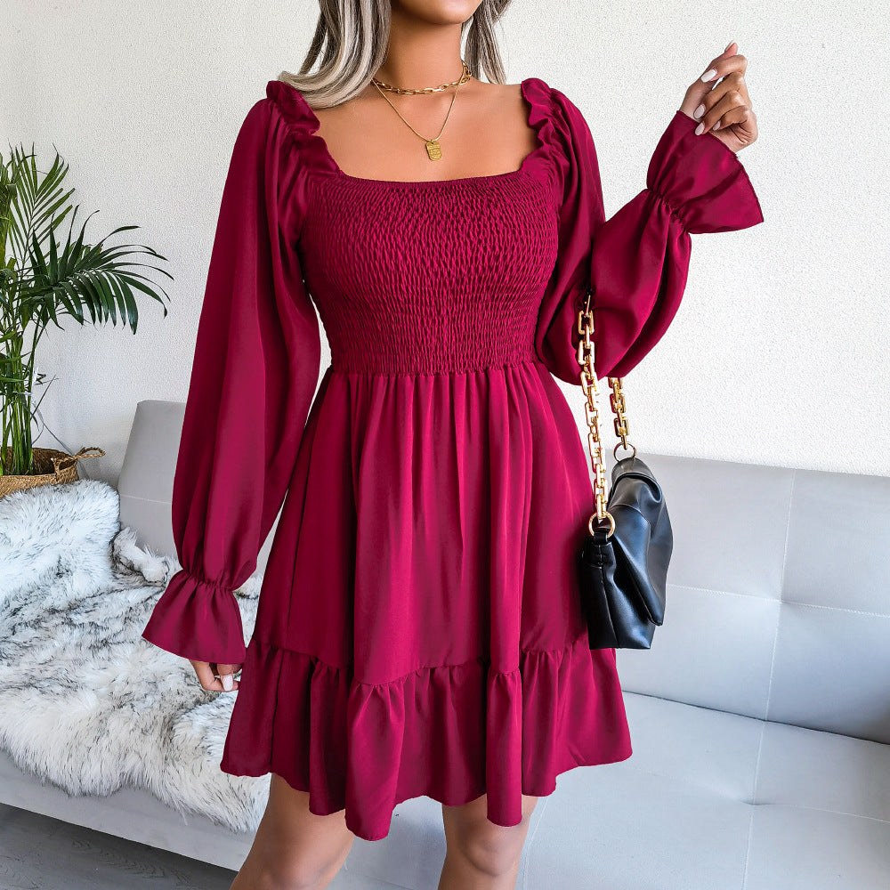 Square Collar Flared Long Sleeve Ruffled Swing Dress