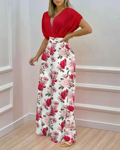 V-neck Bat Sleeve Top Printed Wide-leg Pants Suit