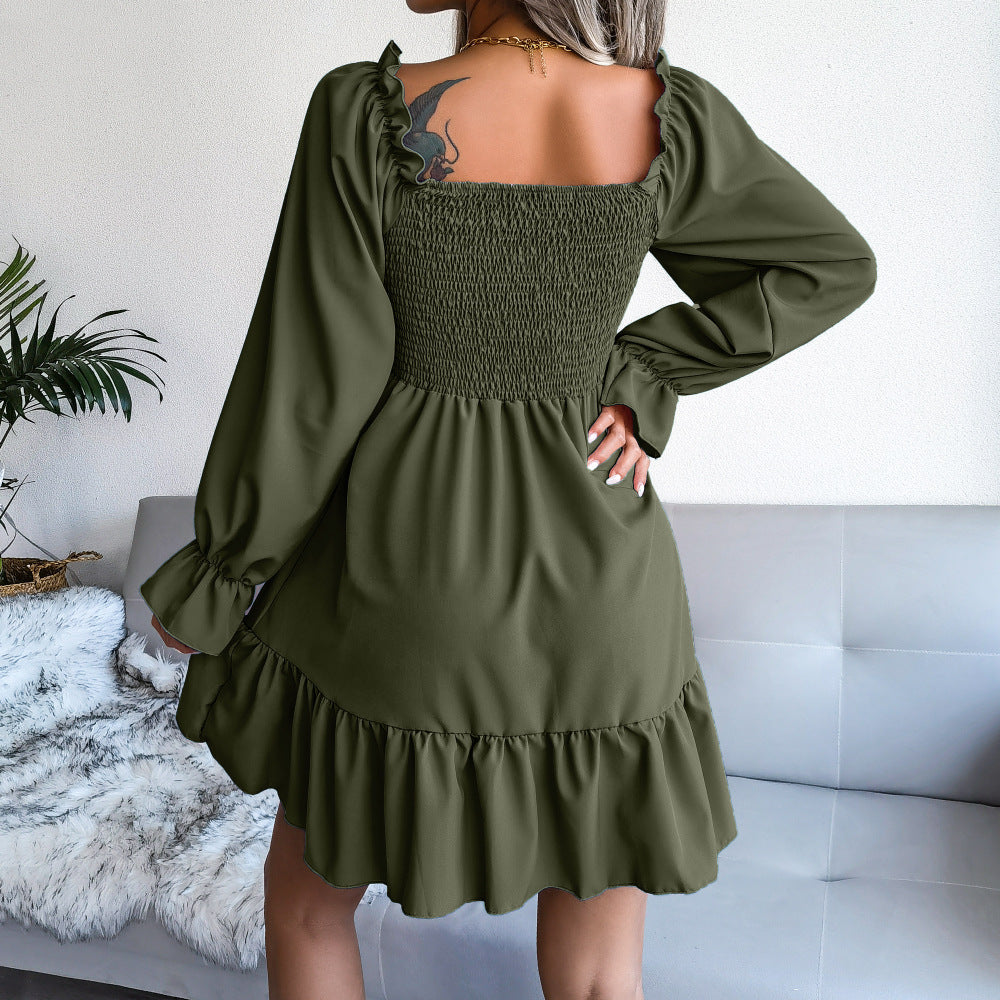 Square Collar Flared Long Sleeve Ruffled Swing Dress