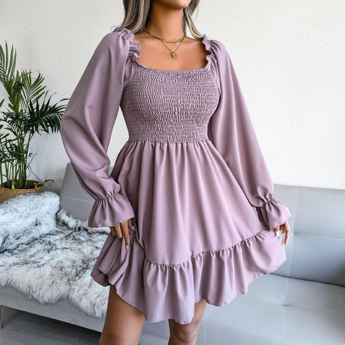 Square Collar Flared Long Sleeve Ruffled Swing Dress