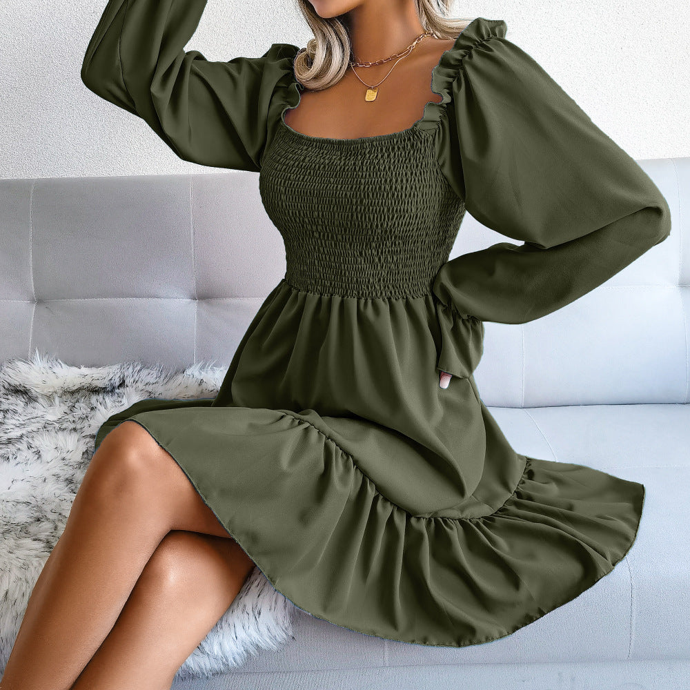 Square Collar Flared Long Sleeve Ruffled Swing Dress