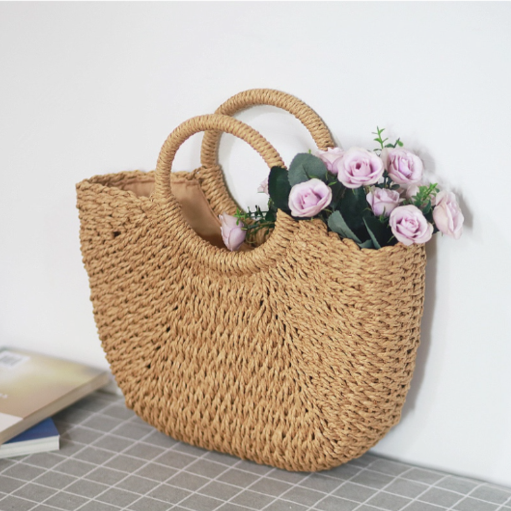 Summer Top Handle Semi Circle Straw Bag