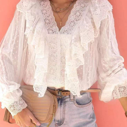 Sexy V Neck Office Lace Blouse Ruffle Tops