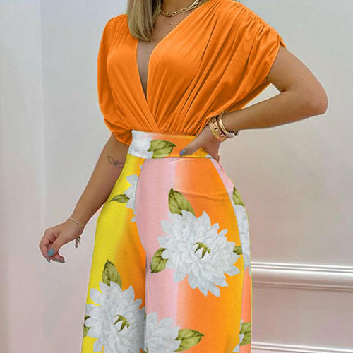 V-neck Bat Sleeve Top Printed Wide-leg Pants Suit