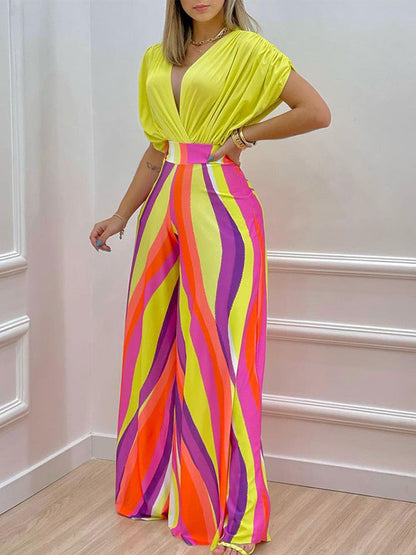 V-neck Bat Sleeve Top Printed Wide-leg Pants Suit