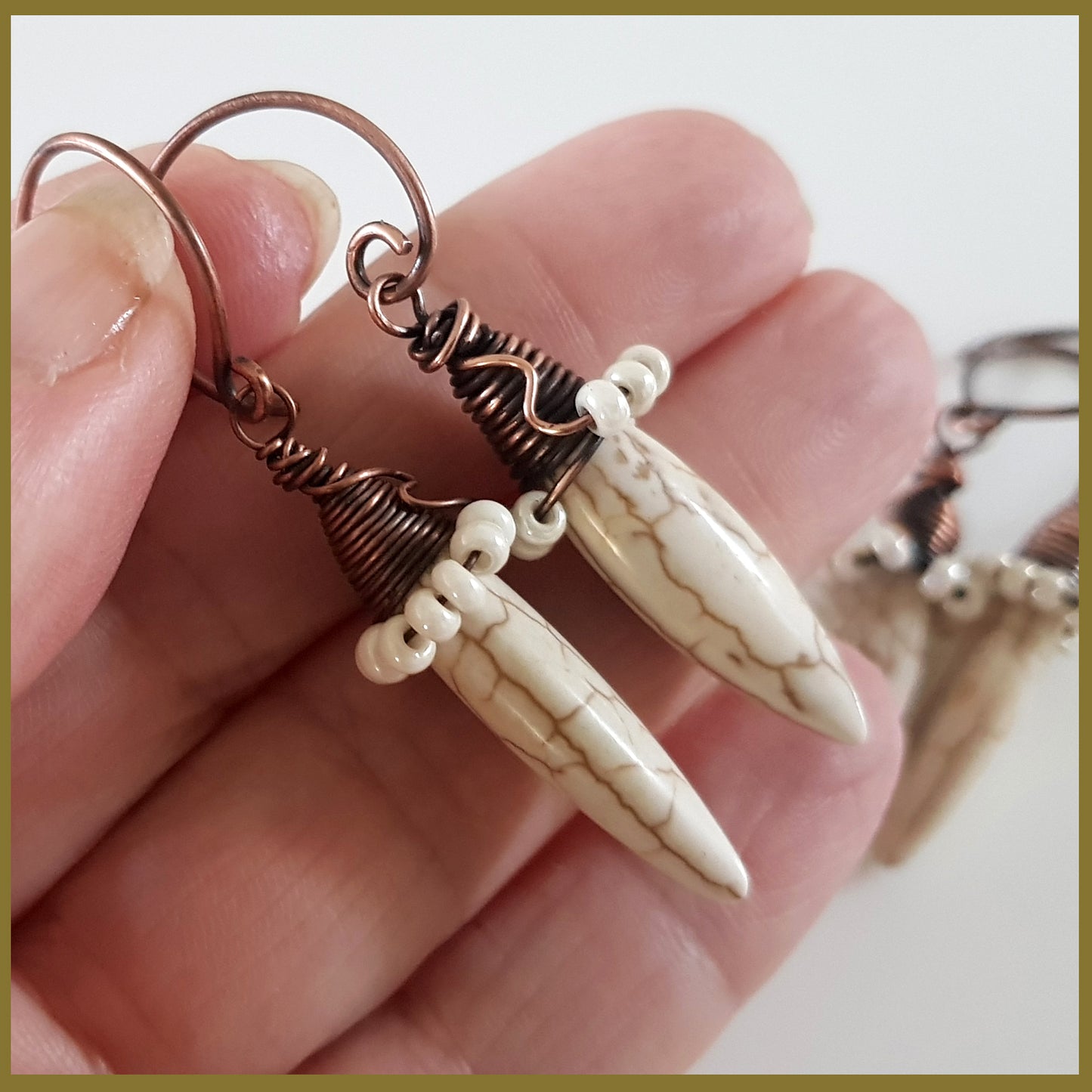 Copper Wire Wrapped Howlite Spike Earrings