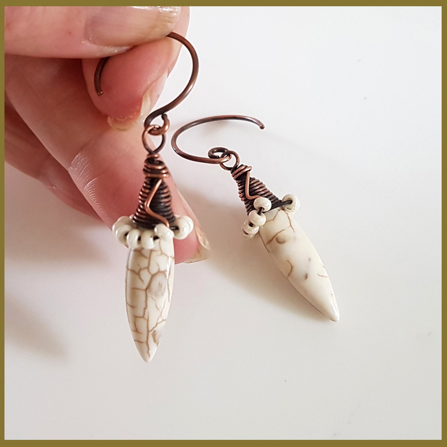 Copper Wire Wrapped Howlite Spike Earrings