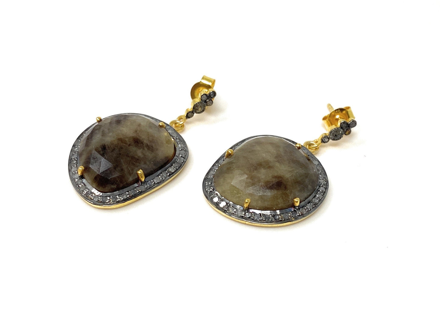 Pave Diamond Fancy Sapphire Earrings, Rare Natural Smokey Sapphire