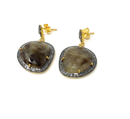 Pave Diamond Fancy Sapphire Earrings, Rare Natural Smokey Sapphire