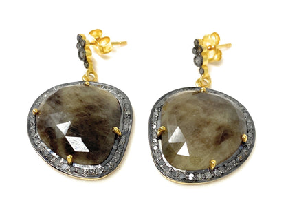 Pave Diamond Fancy Sapphire Earrings, Rare Natural Smokey Sapphire