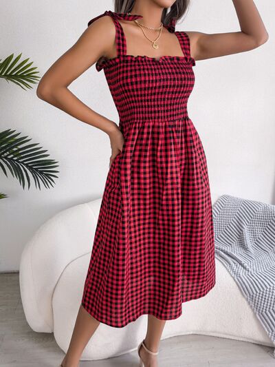 Frill Plaid Square Neck Midi Dress