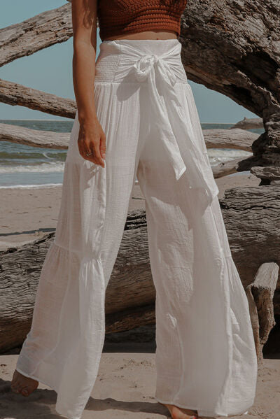 Smocked Tied Wide Leg Pants