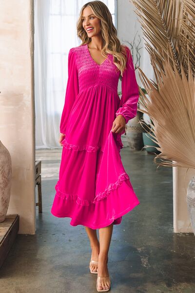 Frill V-Neck Balloon Sleeve Tiered Dress