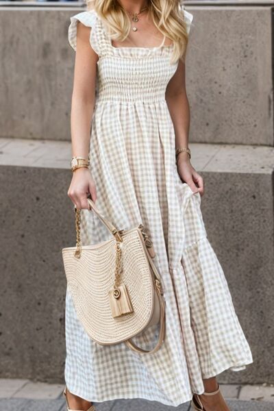 Full Size Smocked Ruffled Plaid Ruffle Hem Dress