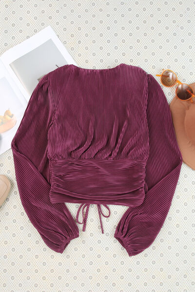 Drawstring V-Neck Balloon Sleeve Blouse