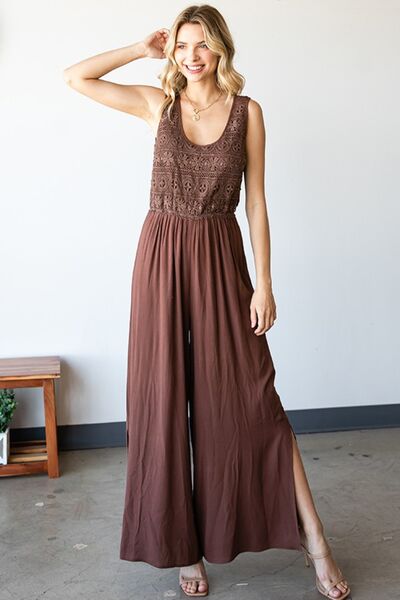 First Love Tie Back Sleeveless Slit Wide Leg Jumpsuit