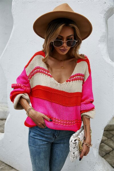 Color Block V-Neck Dropped Shoulder Sweater