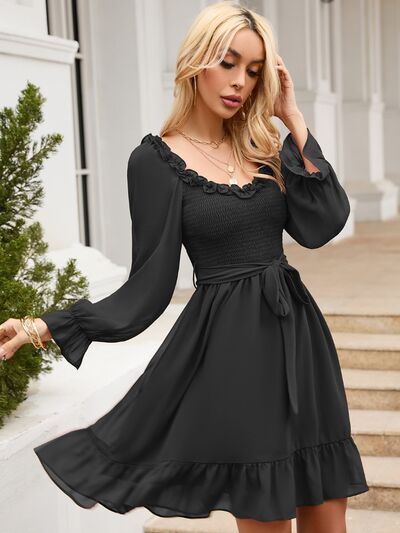 Tie Front Ruffle Hem Smocked Dress