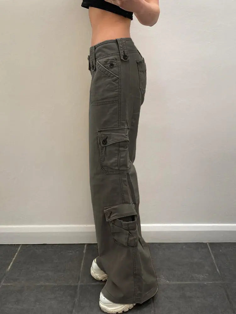 Button Low Waist Women's Cargo and Denim Pants